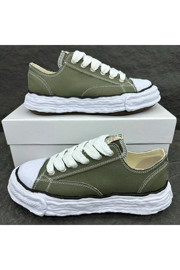 MMY Men's Low-Top Sneakers - Olive Green & White Lace-Up Shoes, Minimalist Retro Design, All-Season Everyday & Formal Shoes for Men - Durable Rubber Sole & Fabric Upper, Vintage Shoes, Versatile