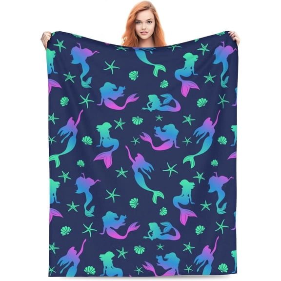 MMYGU Blue Mermaid Blanket Throw Gifts for Girls Kids Neon Mermaid Shell Pattern Blankets Super Soft 3 4 5 6 7 8 9 10 Year Old Girl Gift Ideas Age 6 8 Mermaid Toys Gifts Sofa Couch Bed Travel 60x80in