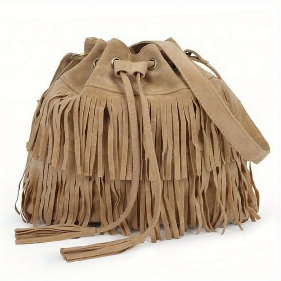 MMYGU Chic Tassel Drawstring Bucket Bag with Buckle Closure and Crossbody Strap for Travel & Everyday Style