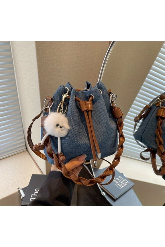 Chic Vintage-Inspired Denim Bucket Bag With Adjustable Strap And Tassel Detail - Foldable, Polyester Lined