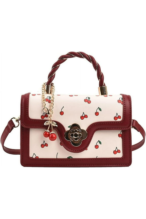 Crossbody Purse Cute Cherry Print Handbag for Women Shoulder Bag Trendy Satchel Bag Purse with Flap Closure