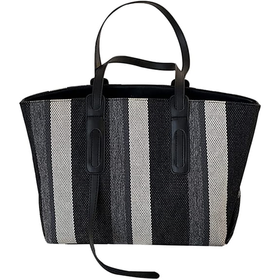 MMYGU Fashion Large Size Canvas Shoulder Bag for Women, Strip Tote Handbag with PU Leather Strap