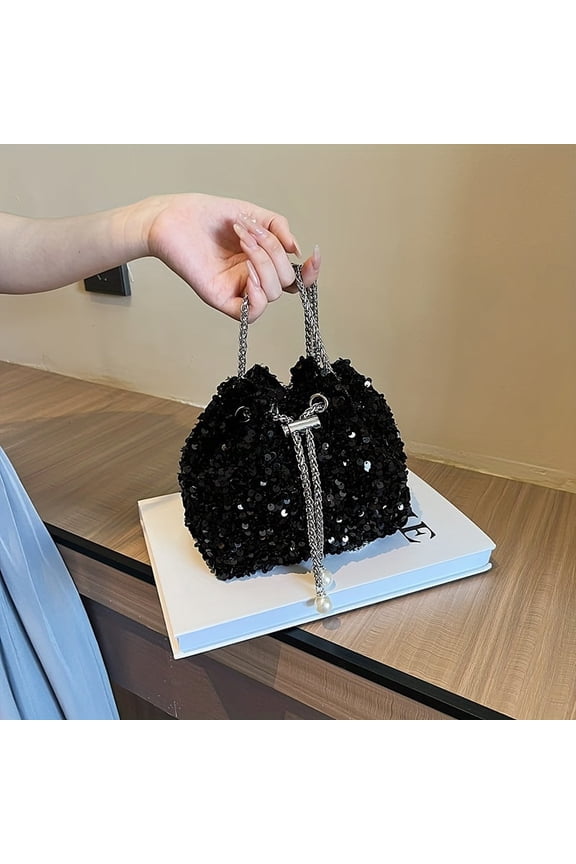 Fashion sequins bucket bag, trendy chain crossbody bag, women's drawstring party prom purse