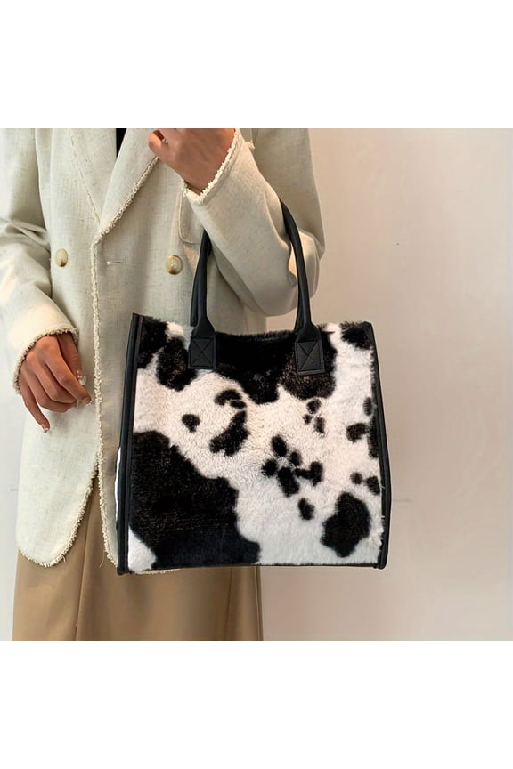 Fluffy Cow Pattern Tote Handbag - Soft Faux Fur, Vintage Y2K Inspired, Spacious Interior, Stylish Shoulder Bag for Women - Perfect for Daily Use, Casual Outings, and Fashion Statements