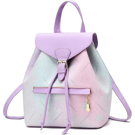MMYGU Leather Drawstring Backpack for Women Stylish Color-Blocked Printed Design Durable Functional Backpack for Travel Black