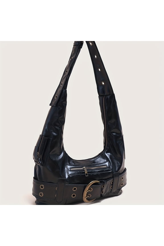Luxurious Retro Y2K Buckle Design Shoulder Bag - Adjustable Strap, Spacious Interior, Durable Motorcycle Bag with Large Capacity for Daily Essentials