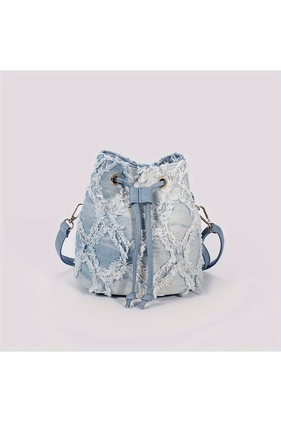 Mini Bucket Bag - Quilted Diamond Check Pattern with Random Gradient Denim, Stylish and Versatile, Perfect for Daily Use - Compact Size, Lightweight, and Easy to Carry