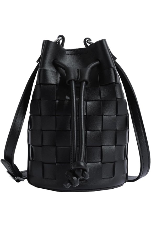 Mini Leather Woven Bucket Bag - Drawstring Purse Crossbody Handbag