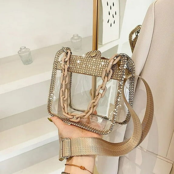 MMYGU PVC Transparent Shoulder Crossbody Bag Rhinestone Thick Chain Ladies Small Purse and Handbags Fashion Jelly Summer Beach Totes