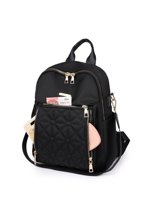 Quilted Backpack Embroidery Decor Convertible Shoulder/ Crossbody Bag Lightweight Fabric Outdoor