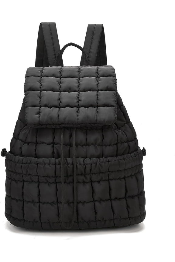 Quilted Backpack Lightweight Puffer Backpack for Women Drawstring Padding Puffy Travel Daypacks Gym Bag for Ladies Black