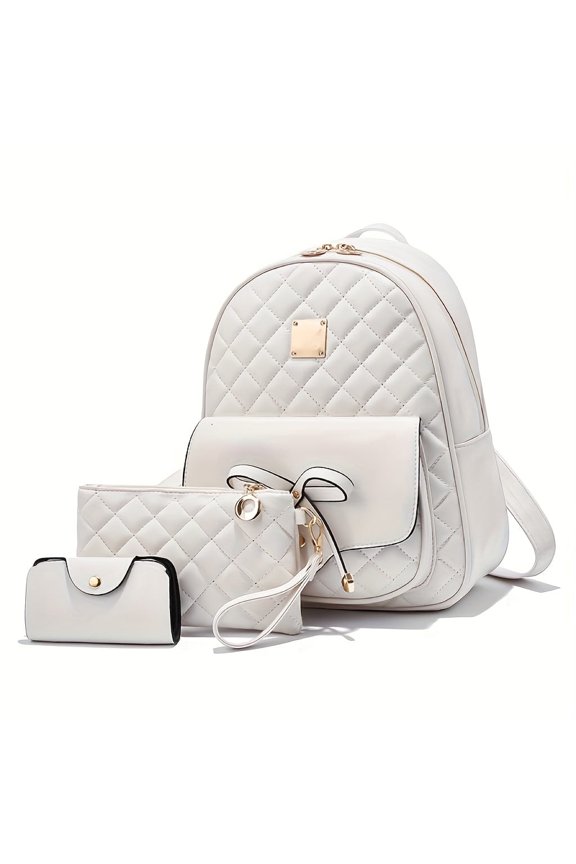 Quilted PU Leather Set Backpack Clutch & Card Holder with Secure Zipper - Solid Color Travel Essentials