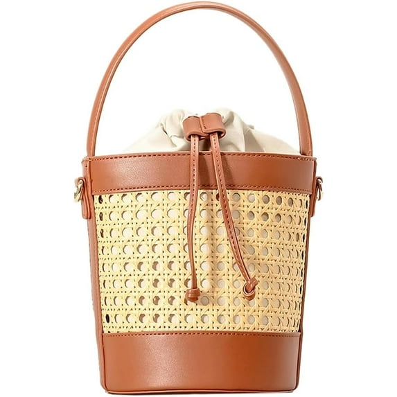 MMYGU Rattan Straw Tote Bucket Bag for Women - PU Leather Summer Beach Holiday Purse