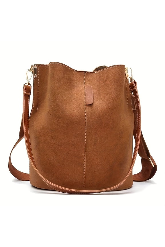 Retro Casual Shoulder Bag Wide Strap Crossbody Bucket Bag Medium Stiffness With Hard Base