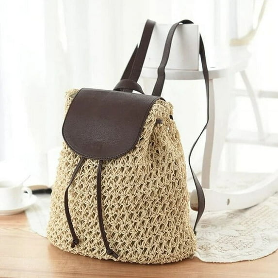 MMYGU Summer Hollow Out Backpack Drawstring Hasp Straw Bag School Bag Knitting Rucksack Beach Bag Travel Holiday Ladies Handbag Bolsas