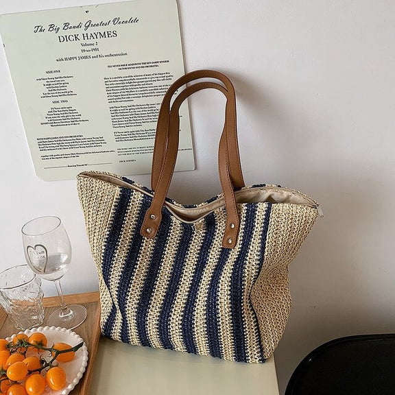 MMYGU Summer Style Striped Straw Shoulder Bag for Women Handmade Travel Beach Bag Travel Shopping Tote Handbag Ladies Basket bolsa