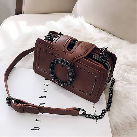 MMYGU Vibrant Retro Round Rhinestone Buckle Bag - Stylish Punk Design Square Crossbody Purse with Gothic Style Rivets, Adjustable Strap, and Spacious Interior for Women