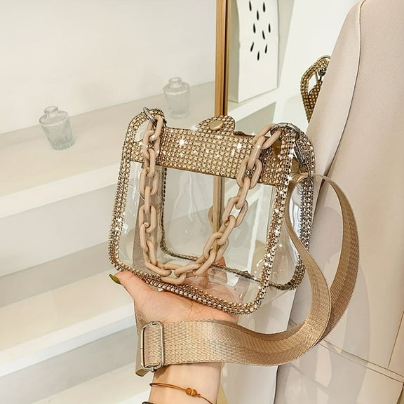 MMYGU Vibrant Rhinestone Embellished Square Shoulder Bag - Buckle Closure, Transparent Stitching, PVC Lining, Solid Color, Acrylic Strap, Perfect for Music Festival and Daily Use
