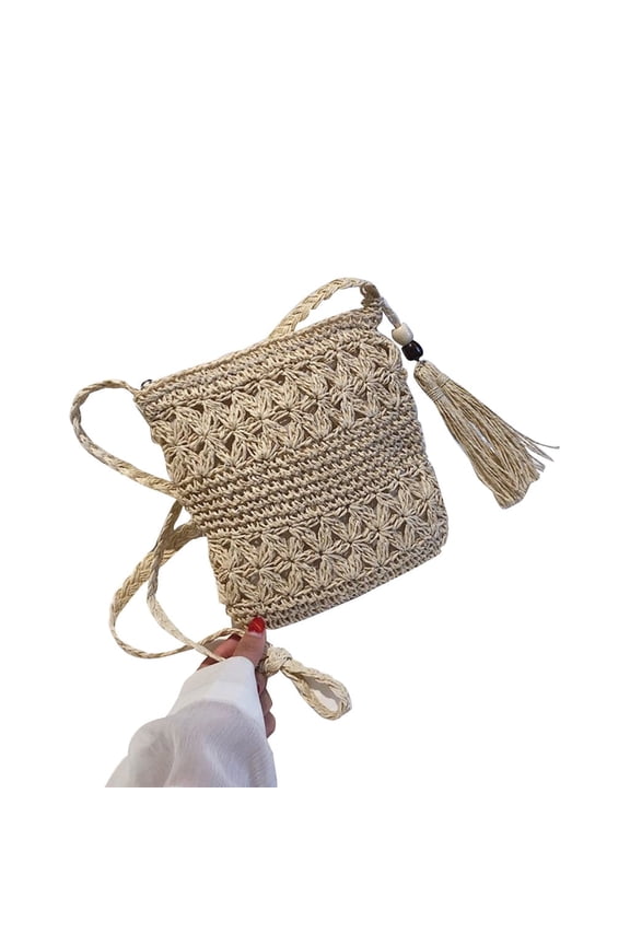 Women Beach Woven Straw Shoulder Messenger Bag with Tassel Boho Hollow Out Crochet Crossbody Handbag Macrame Clutch Purse with Zipper
