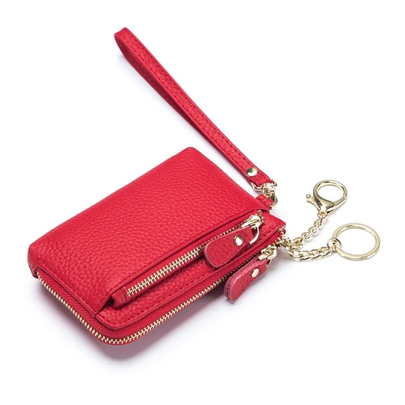 MMYGU Women Genuine Real Leather Coin Purse with Hand Strap. 3 Zipper Small Wallet Wristlet with 3 Credit Cards Slots Holder