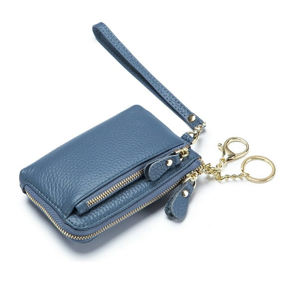 MMYGU Women Genuine Real Leather Coin Purse with Hand Strap. 3 Zipper Small Wallet Wristlet with 3 Credit Cards Slots Holder