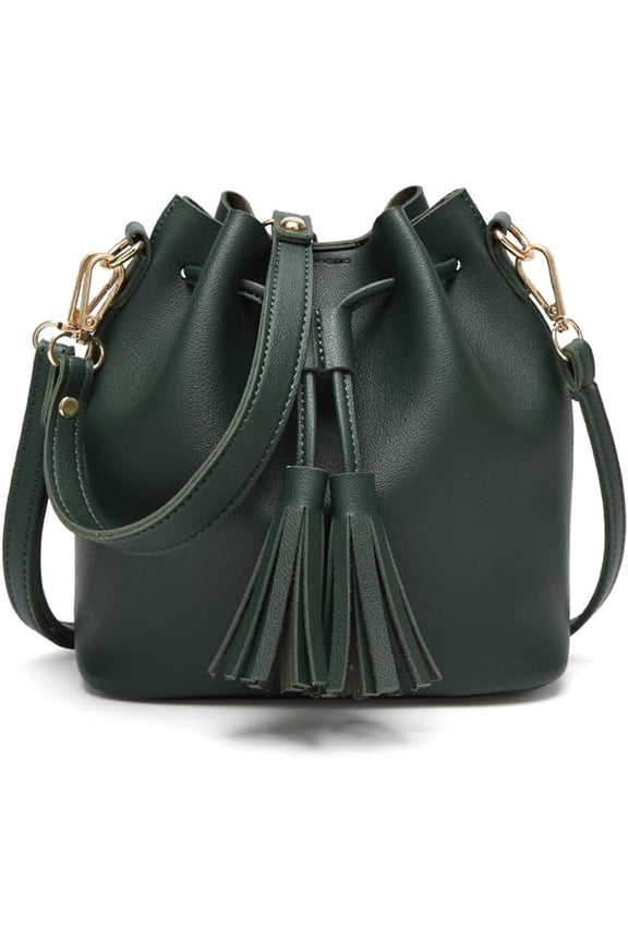 Womens Mini Bucket Bag Leather Drawstring Handbag Tassel Shoulder Purse Retro Crossbody Wallet with Adjustable Straps