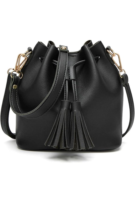 Womens Mini Bucket Bag Leather Drawstring Handbag Tassel Shoulder Purse Retro Crossbody Wallet with Adjustable Straps