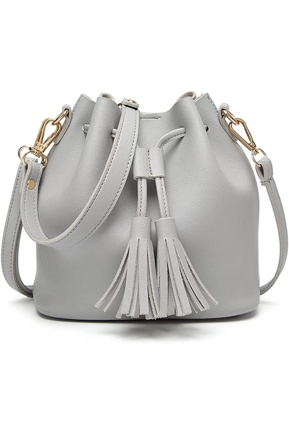 Womens Mini Bucket Bag Leather Drawstring Handbag Tassel Shoulder Purse Retro Crossbody Wallet with Adjustable Straps
