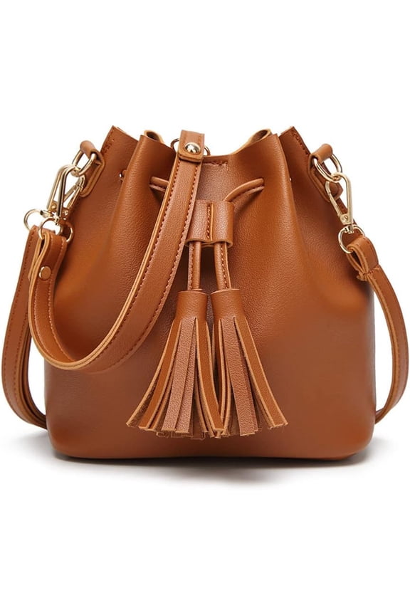 Womens Mini Bucket Bag Leather Drawstring Handbag Tassel Shoulder Purse Retro Crossbody Wallet with Adjustable Straps