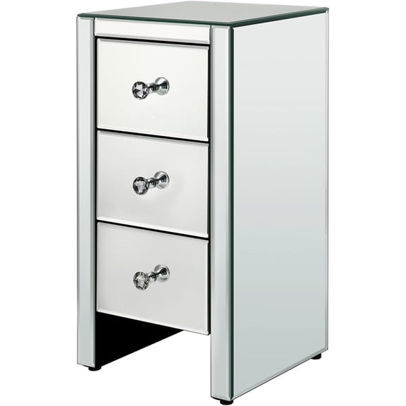 MMirrored Nightstand - Modern and Contemporary End Table with Three Drawers - Glass Bedside Table - Accent Table with Smooth Mirror Finish with Crystal-Style Knobs for Bedroom Living Room