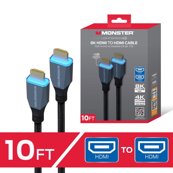 Monster 8K HDMI Cable 10 ft, Ultra High Speed HDMI 2.1 Cord with LED Illuminated Connectors, 48Gbps, 8K 60Hz & 4K 144Hz Gaming, HDR, Compatible with PS5, Xbox Series X, TVs, Monitors