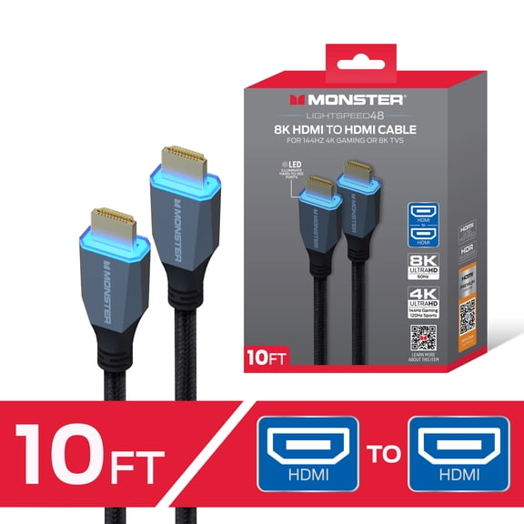 Monster 8K HDMI Cable 10 ft, Ultra High Speed HDMI 2.1 Cord with LED Illuminated Connectors, 48Gbps, 8K 60Hz & 4K 144Hz Gaming, HDR, Compatible with PS5, Xbox Series X, TVs, Monitors