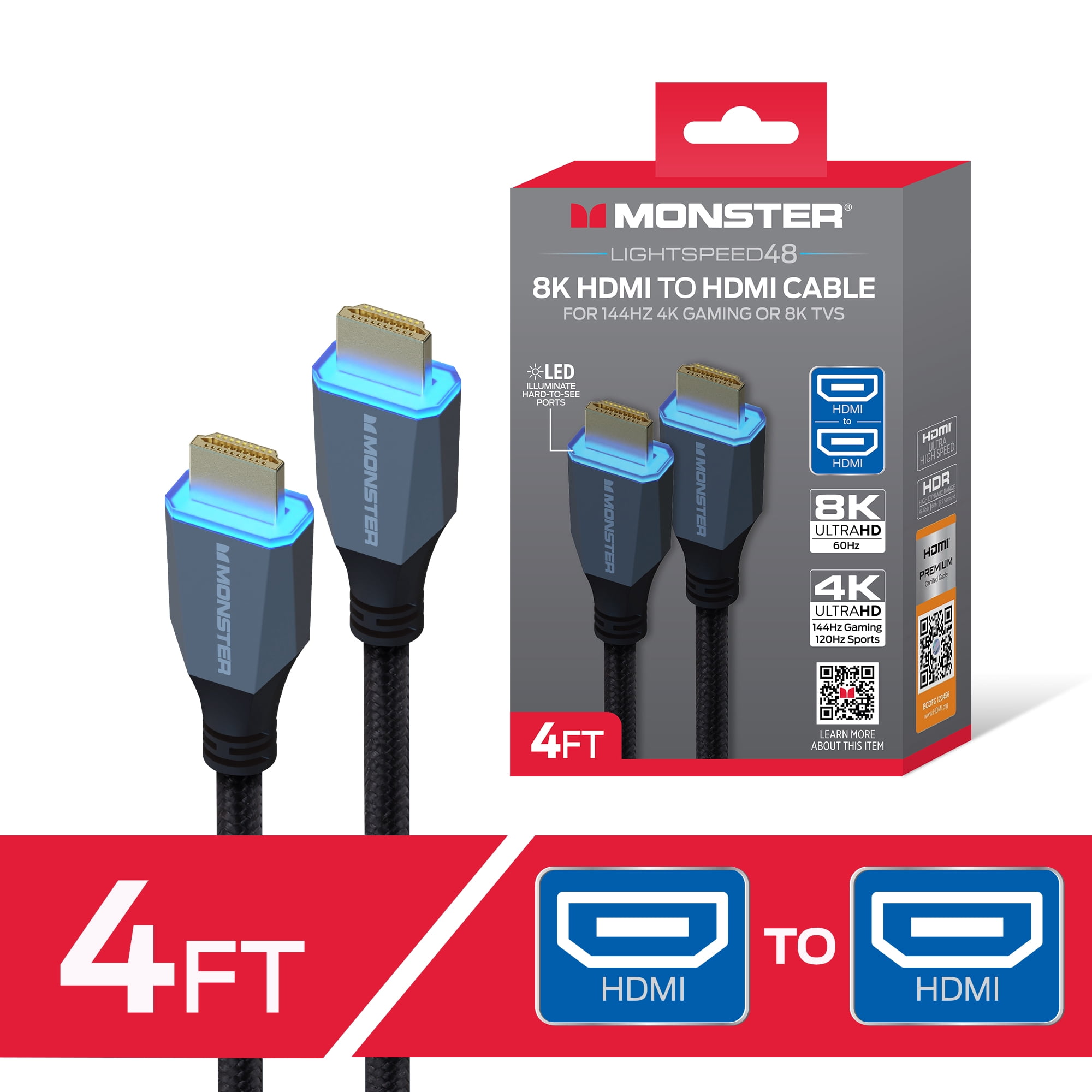 Monster 8K HDMI Cable 4ft, Ultra High Speed HDMI 2.1 Cord with LED Connectors, 48Gbps, 4K 144Hz Gaming, HDR for PS5, Xbox, TV, Monitor