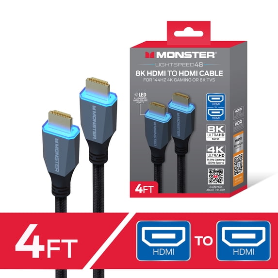 Monster 8K HDMI Cable 4ft, Ultra High Speed HDMI 2.1 Cord with LED Connectors, 48Gbps, 4K 144Hz Gaming, HDR for PS5, Xbox, TV, Monitor