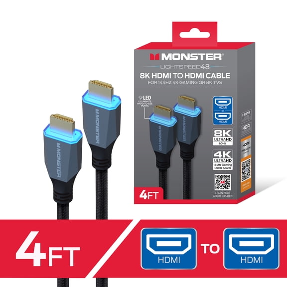 Monster 8K HDMI Cable 4ft, Ultra High Speed HDMI 2.1 Cord with LED Connectors, 48Gbps, 4K 144Hz Gaming, HDR for PS5, Xbox, TV, Monitor