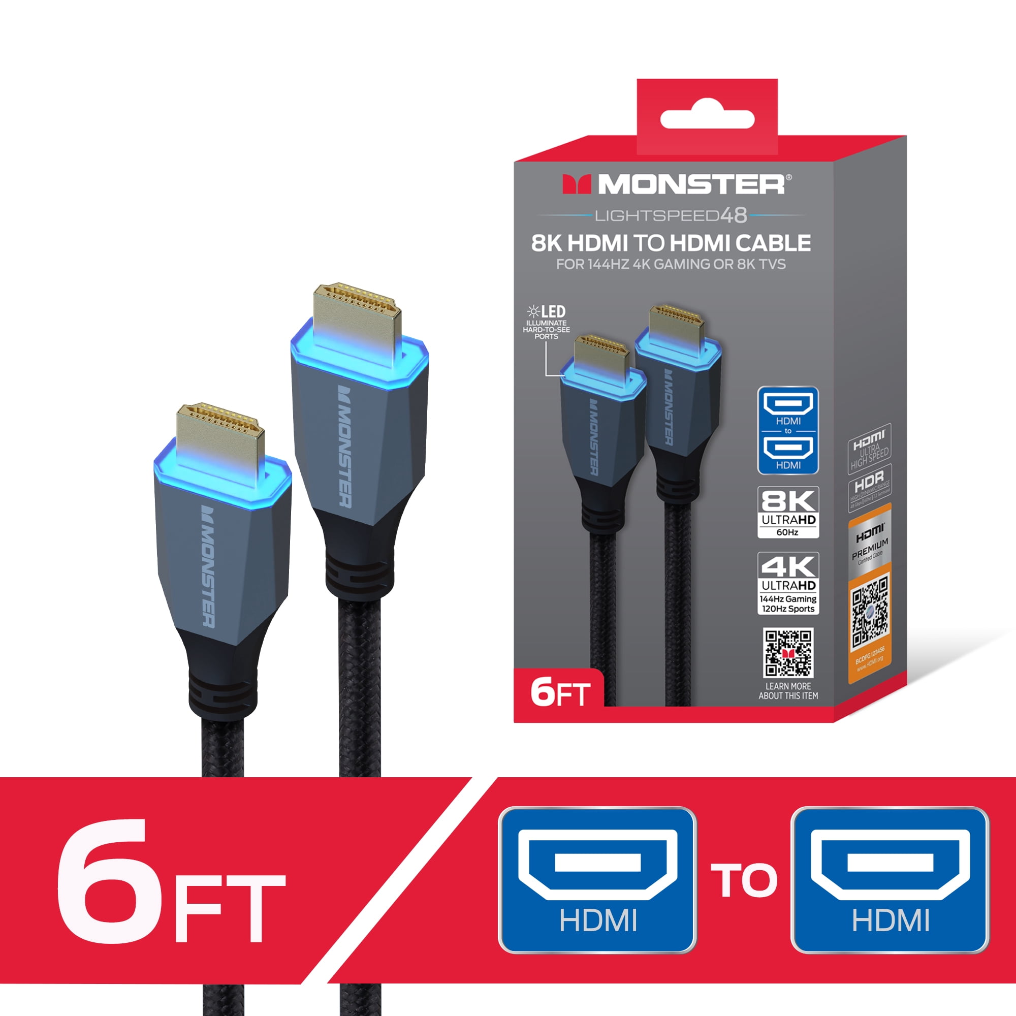 Monster 8K HDMI Cable 6 ft, Ultra High Speed HDMI 2.1 Cord with LED Illuminated Connectors, 48Gbps, 8K 60Hz & 4K 144Hz Gaming, HDR, Compatible with PS5, Xbox Series X, TVs, Monitors