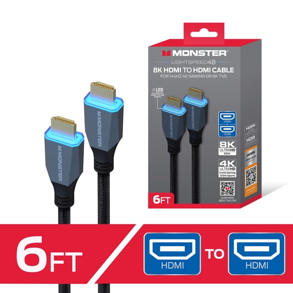 Monster 8K HDMI Cable 6 ft, Ultra High Speed HDMI 2.1 Cord with LED Illuminated Connectors, 48Gbps, 8K 60Hz & 4K 144Hz Gaming, HDR, Compatible with PS5, Xbox Series X, TVs, Monitors