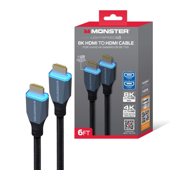 Monster 8K HDMI Cable 6 ft, Ultra High Speed HDMI 2.1 Cord with LED Illuminated Connectors, 48Gbps, 8K 60Hz & 4K 144Hz Gaming, HDR, Compatible with PS5, Xbox Series X, TVs, Monitors