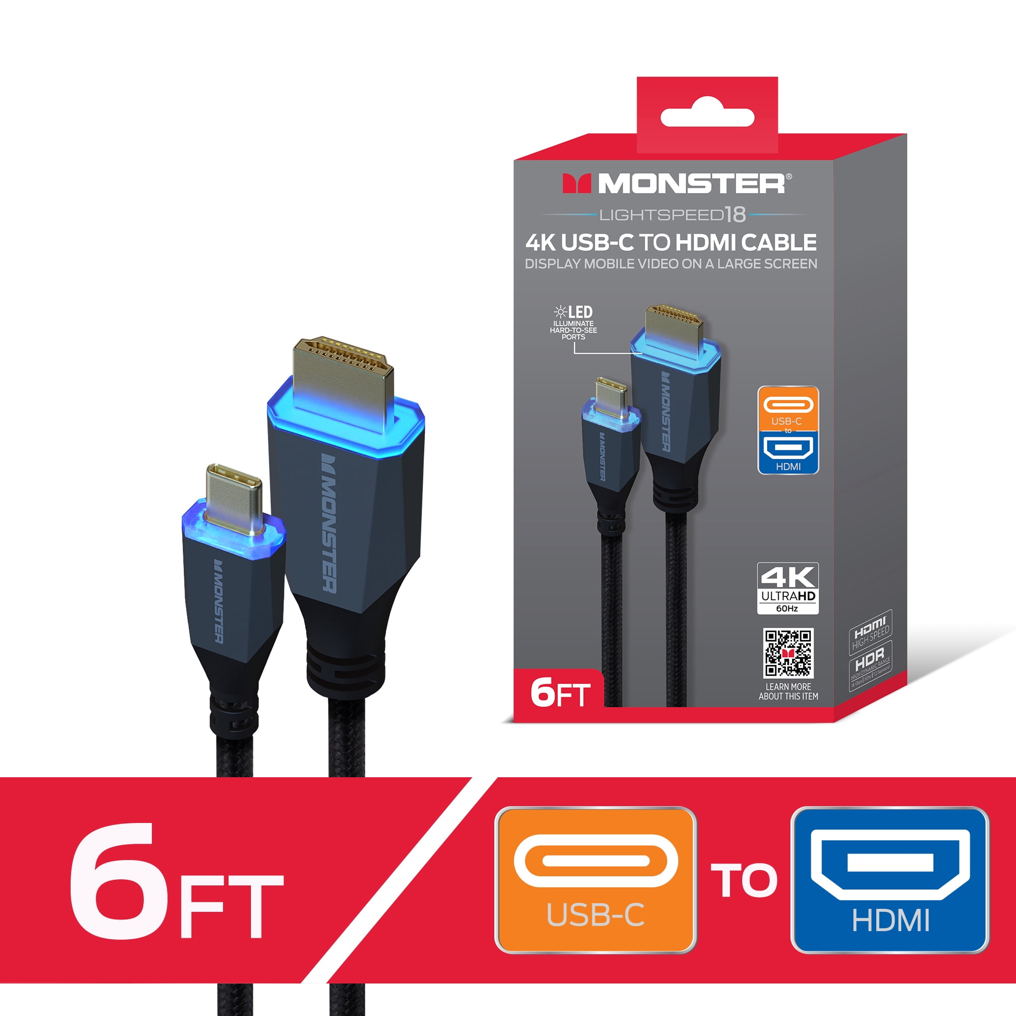 Monster 8K HDMI Cable 6ft, Ultra High Speed HDMI 2.1 Cord with LED Connectors, 48Gbps, 4K 144Hz Gaming, HDR for PS5, Xbox, TV, Monitor