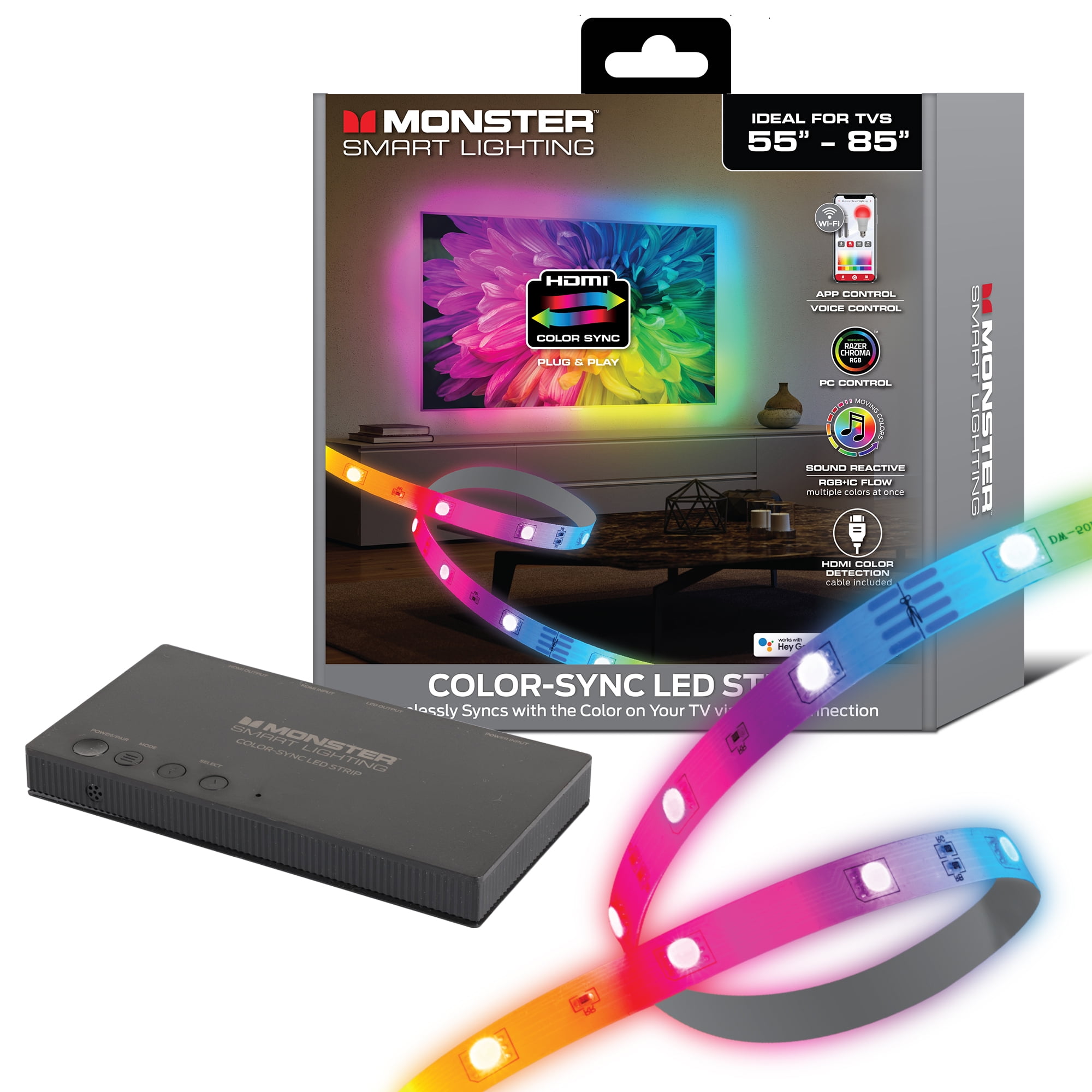 Monster Smart Lighting HDMI Color Sync LED Strip for TVs Up to 85  RGBIC Flow, Music Mode, App & Voice Control, HDMI Decoder, Razer Chroma Compatible.