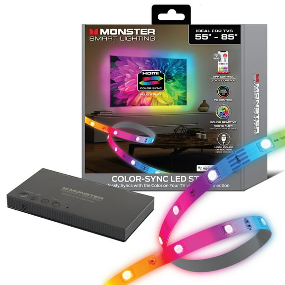 Monster Smart LED Light Strips, Sound Reactive Color Sync RGB LED Strips for TVs, 55”-85”