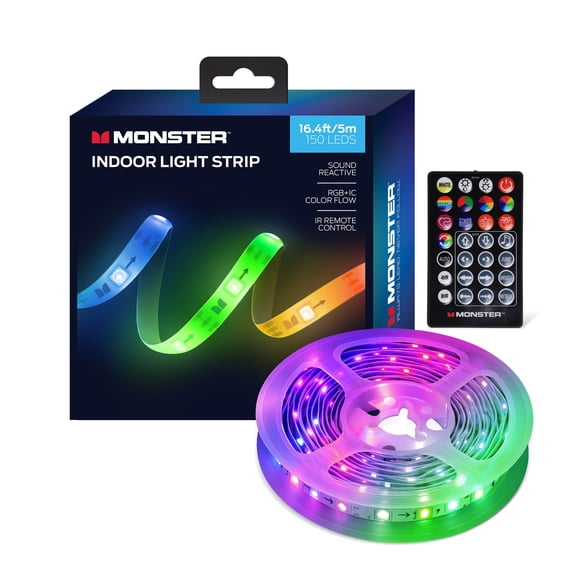 Monster 16.4ft Indoor LED Light Strip with Remote Control, Sound Reactive RGB+IC Color Flow, USB Powered Color Changing LED Lights for Bedroom, Gaming Setup, TV Backlight, Party Decor