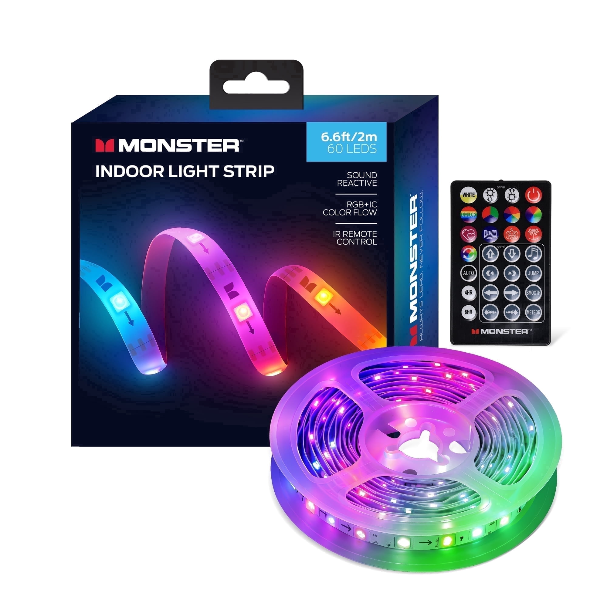 Monster 6.6ft Indoor LED Strip Lights, Multicolor Flow LED Lights for Bedroom & TV, Sound Reactive, USB Powered with Remote