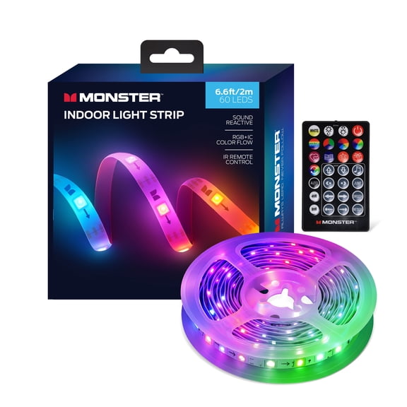 Monster 6.6ft Indoor LED Light Strip with Remote Control, Sound Reactive RGB+IC Color Flow, USB Powered Color Changing LED Lights for Bedroom, TV Backlight, Gaming Setup, Party Decor