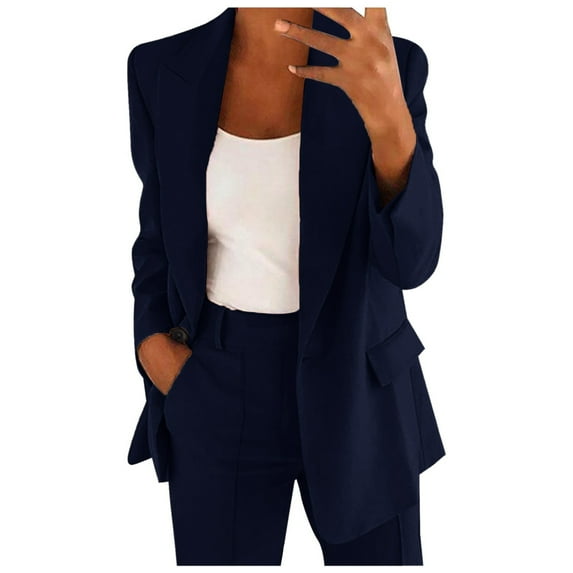 MNCEKFOD 2 Piece Pants Set for Women Pants Suit Slim Fit Business Work Lapels Suits Long Sleeved Button Formal Jacket Dark Blue Dark Blue