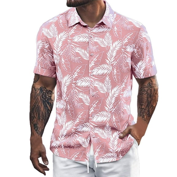 MNCEKFOD 2025 Mens Shirt Trendy Beach Vacation Floral Shirts Loose Fit Collar Button Open Short Sleeve Classic Fit Mens Tee Shirt Pink L