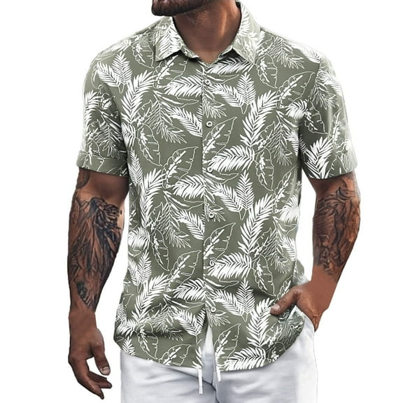 MNCEKFOD 2025 Mens Shirt Trendy Beach Vacation Floral Shirts Loose Fit Collar Button Open Short Sleeve Relaxed Fit Mens Tops Army Green L