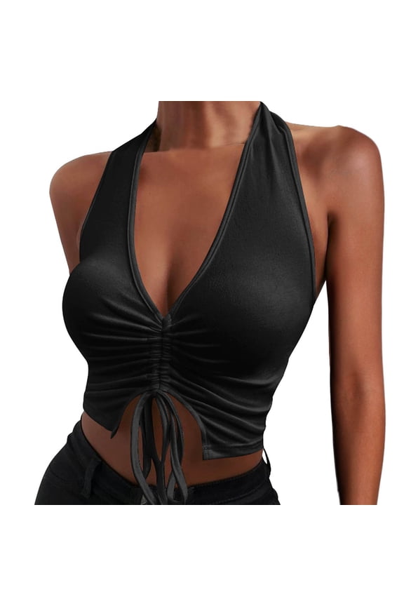 Athletic Tank Tops For Women Trendy Open Back V Neck Solid Color Halter Neck Ruched Short Sleeveless Tops Womens T Shirts Black S