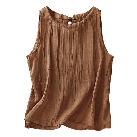 MNCEKFOD Athletic Tank Tops For Women Trendy Solid Color Pleated Tencel Mini Vest Retro Linen Style Loose Sleeveless Daily Tops Womens T Shirts Coffee L