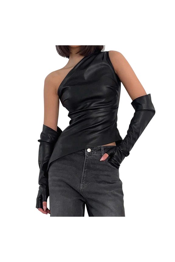 Athletic Tank Tops For Women Trendy Summer Solid Color Street Trend Oblique Neck PU Leather Sleeveless With Sleeve Cover Tops Womens Tanks Black L